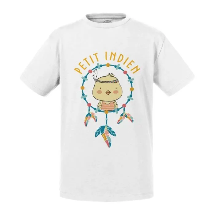 T-shirt Enfant Blanc Poussin le Petit Indien Dessin Illustration-0
