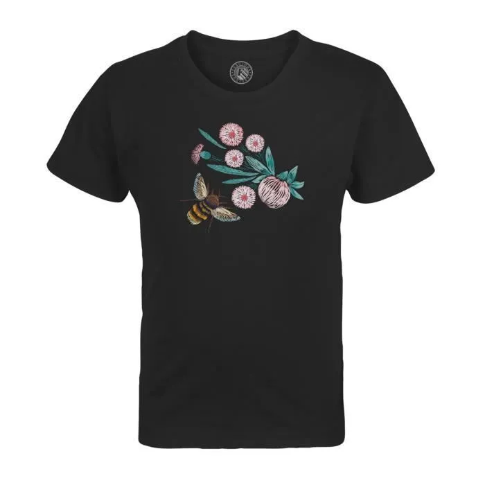 T-shirt Enfant Noir Dessin Abeille et Fleur Fait Main Art Illustration Minimalisme-0