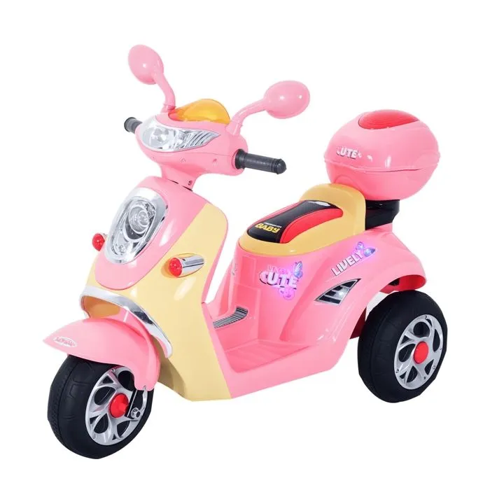 Moto scooter électrique pour enfants 6 V env. 3 Km/h 3 roues et topcase effet lumineux et sonore rose-0
