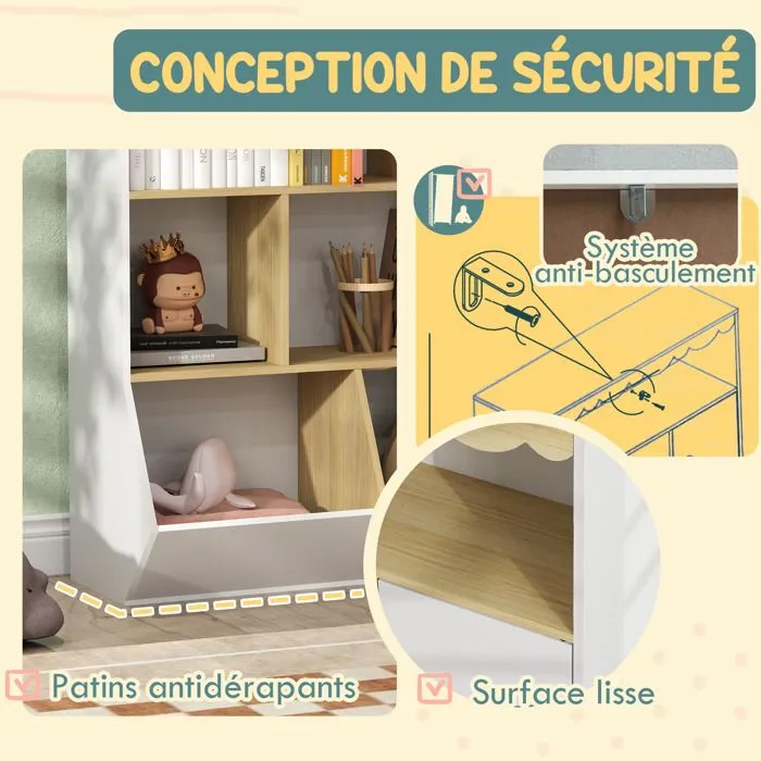 Bibliothèque enfant AIYAPLAY rangement livre enfant meuble de rangement pour jouets avec 4 étagères, 2 casiers et placard, blanc-5