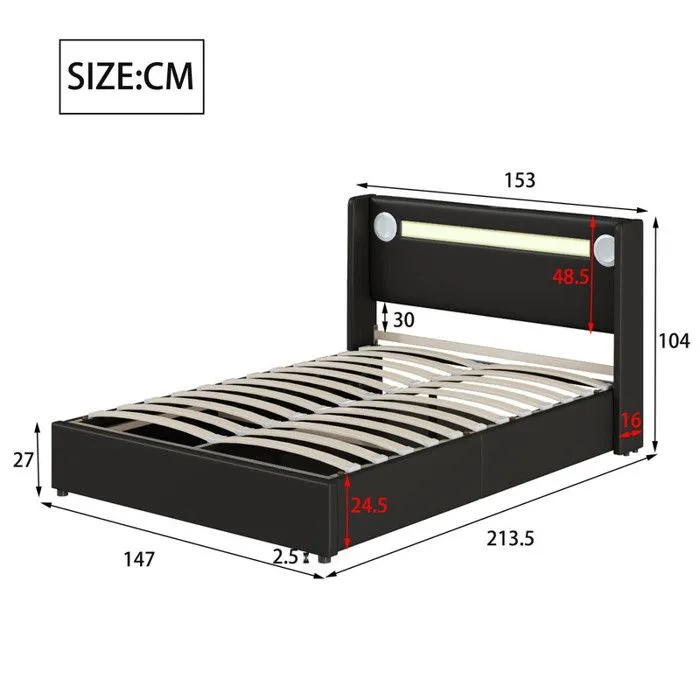 MODERNLUXE Lit coffre rembourré 140x200cm avec LED, lecteur Bluetooth - USB - sommier à lattes - en similicuir - Noir-3