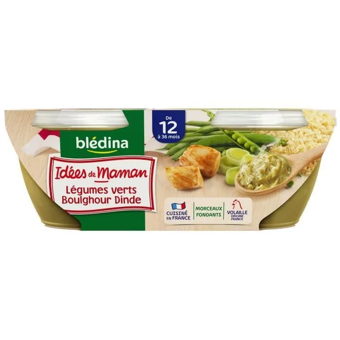 BLEDINA Les idées de maman Légumes verts boulghour dinde - 2x200 g - Dès 12 mois-0