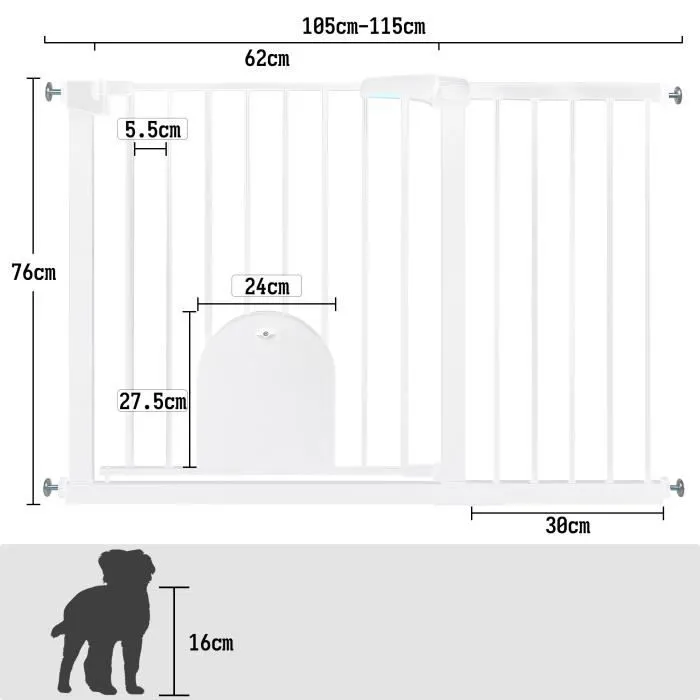 UISEBRT 105-115cm Extensible Barrière de Sécurité avec Chatière Fermeture Automatique sans Perçage pour Enfants et Animaux Blanc-1