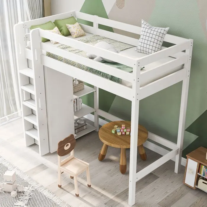 Lit mezzanine 90x200cm avec armoire, étagères, barrières anti-chutes et échelle, cadre en pin, blanc-1