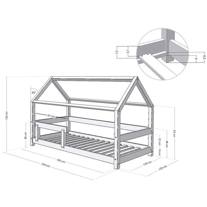 Lit cabane - Benlemi - TERY - 120x190 cm - Bois massif - Beige-2