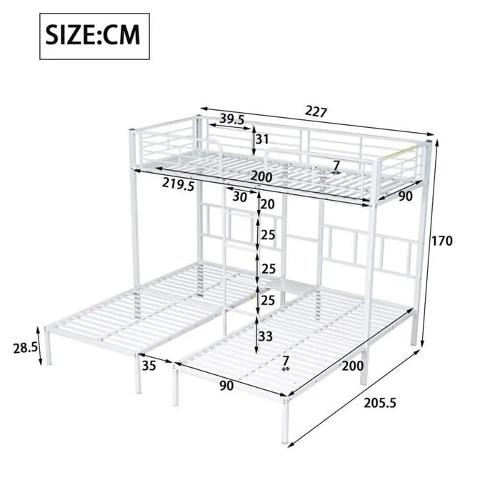 Lit superposé triple - Blanc - 90x200cm - Métal - 3 places - Échelle incluse-5