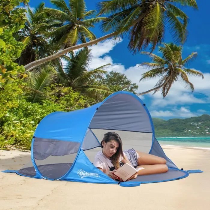 Abri de plage pliable pop-up automatique instantané - OUTSUNNY - Protection UV fenêtre arrière - Bleu ciel-1