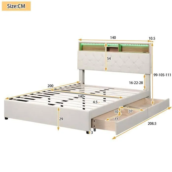 Lit adulte 140x200cm avec tiroirs, LED et port USB, sommier à lattes, tête de lit réglable, tissu en lin, beige-3