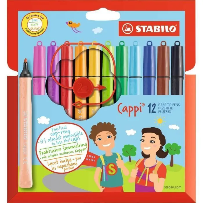 Feutres de coloriage - STABILO - Cappi - Lot de 12 + 1 lacet - Encre lavable - Pointe 1,0mm-0