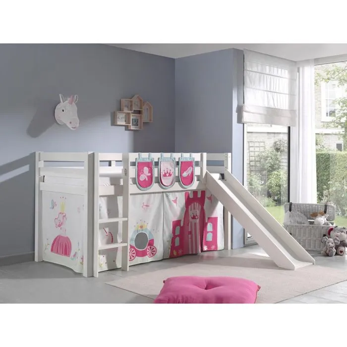 Vipack - PINO Lit mezzanine avec toboggan pin massif Blanc + Little princess rideau et 3 pochettes-1