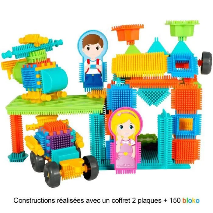 Jouet de construction - BLOKO - Coffret de 150 avec 2 Plaques de jeu et 2 Figurines Famille-1