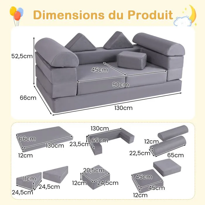 COSTWAY Canapé Bebe Modulaire pour 2 Enfants 9 Pièces, Convertible en Mousse, pour Grimper et Ramper, Tissu en Daim, Gris-3