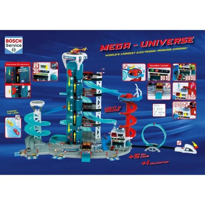 Jouet de garage - KLEIN - Garage Bosch Car Service "Mega Universe" - Comprend divers éléments de jeu et 5 véhicules.-1