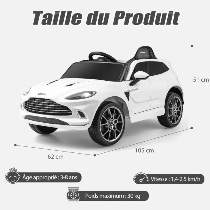 COSTWAY Aston Martin Voiture Électrique 12V/4,5 Ah pour Enfants 3-8 Ans,Télécommande 2.4G, 2 Moteur, LED, USB, Radio, Klaxon, Blanc-3