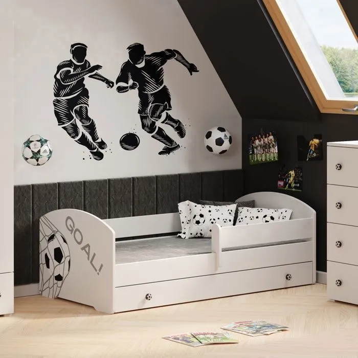 Lit enfant LUK 80x160 avec matelas sommier et tiroir, barrière de sécurité Blanc - football-2