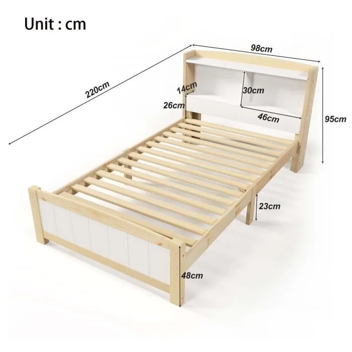 Lit enfant 90x200 cm, lit simple en bois massif avec espace de rangement, sommier à lattes, naturel + blanc-3
