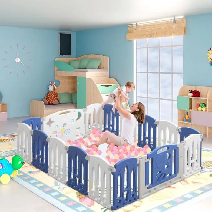 LILIIN Parc pour Bébé Pliable avec Porte et Planche à Jouets, 14 Panneaux + 2 Accessoires, Design Bleu et Blanc-2