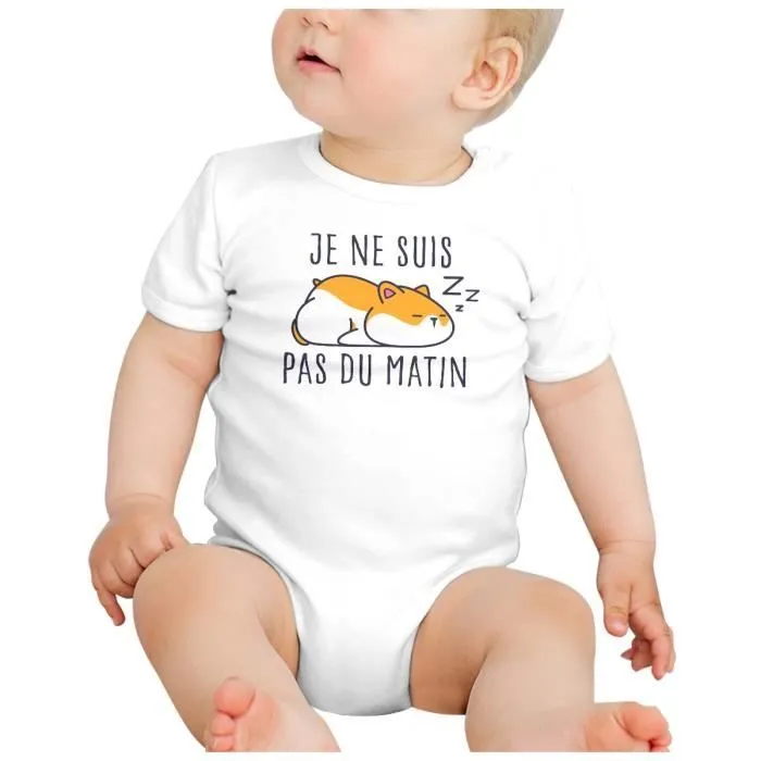 Body Bébé Manche Courte Blanc Hamster Je ne suis pas du matin Animaux de Compagnie-1