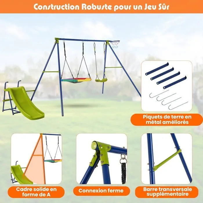 COSTWAY Portique avec Balançoire Nid d'Oiseau Ronde Ø82CM,Toboggan,Panier de Basket 4 en 1 Balançoire Extérieure Réglable 3-12 ans-4