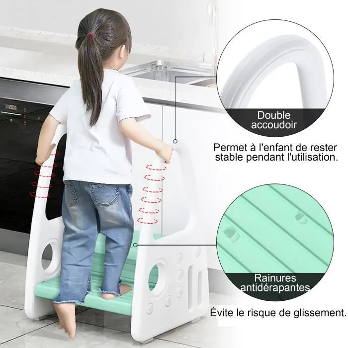 LZQ Marche Pieds Enfants 2 marches Antidéparant pour apprentissage escabeau tabouret avec deux accoudoirs antidérapant - vert clair-2