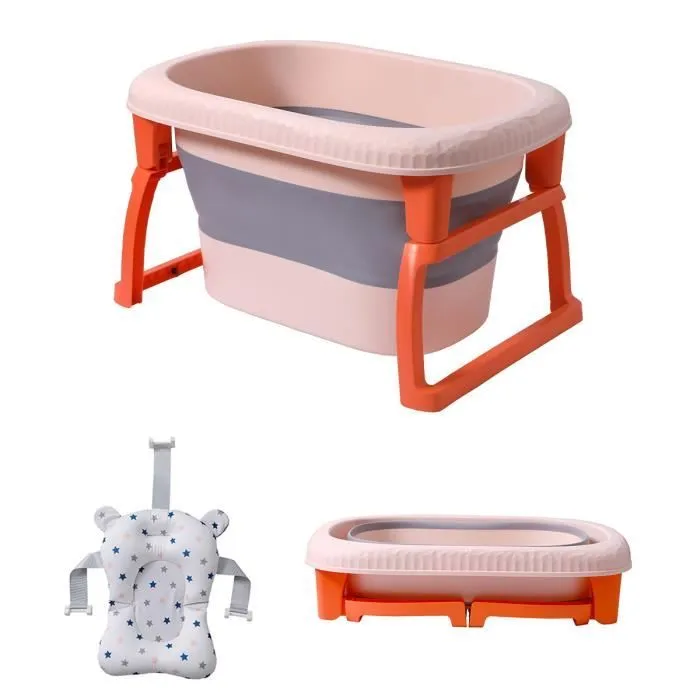 Grande baignoire pliable ultra compact kikido, baignoire enfant en plastique avec bouchon de vidange, pieds pliable-orange-0