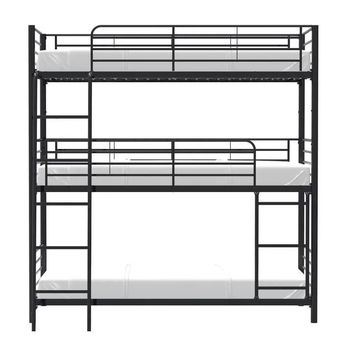 Lits superposés en métal - Noir - Sommiers inclus - 3x90x190 cm - TRIO-2