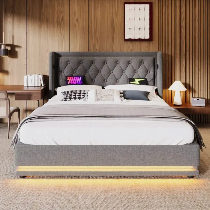 Lit coffre - MARQUE - 140x200 cm - Tissu coton - Ports USB et Type-C - LED multicolore-3