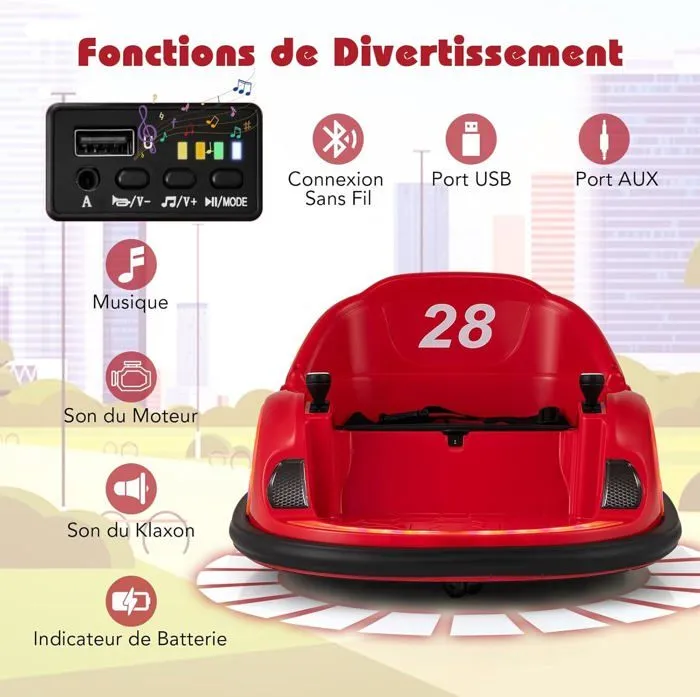 COSTWAY 12V Auto Tamponneuse Electrique pour Enfants, Connexion Sans Fi, LED, Musique, Rotation à 360°, 18+ Mois Rouge-5