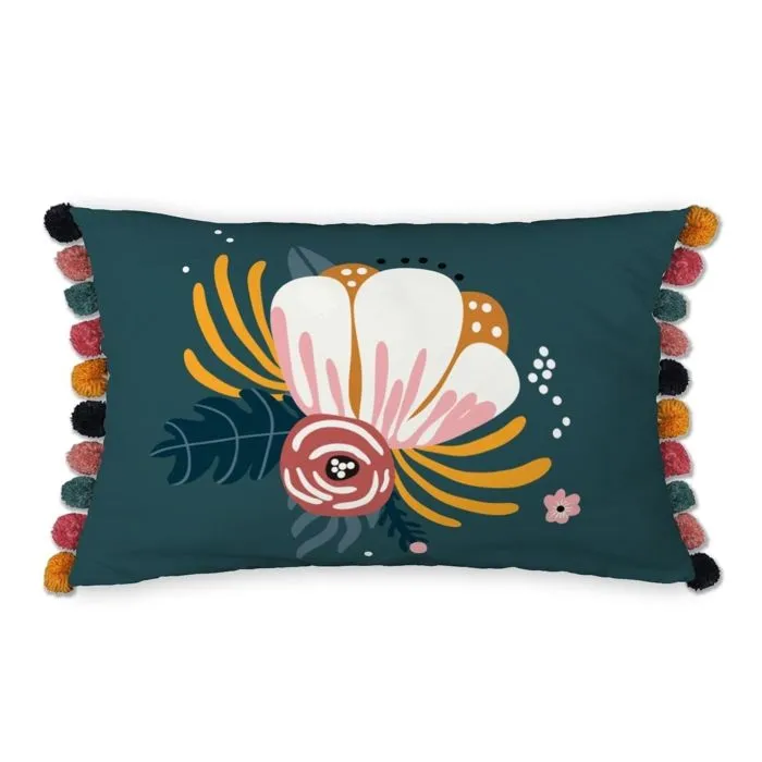 Coussin déhoussable avec pompons 30 x 50 cm Champetre-0