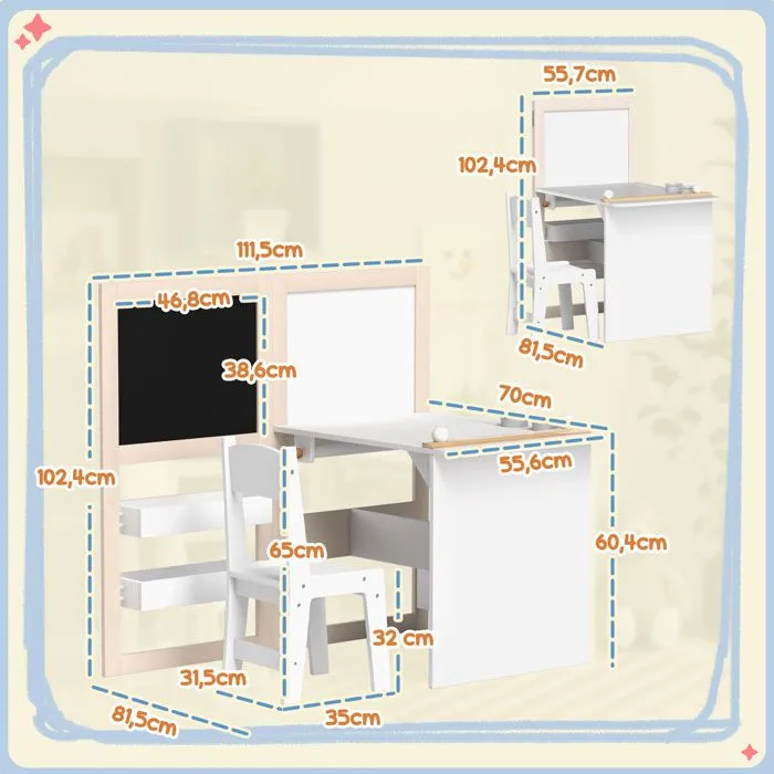Table enfant avec chaise AIYAPLAY 3 en 1 avec chevalet pliable étagères de rangement, rouleau de papier - 3 à 8 ans, blanc-3