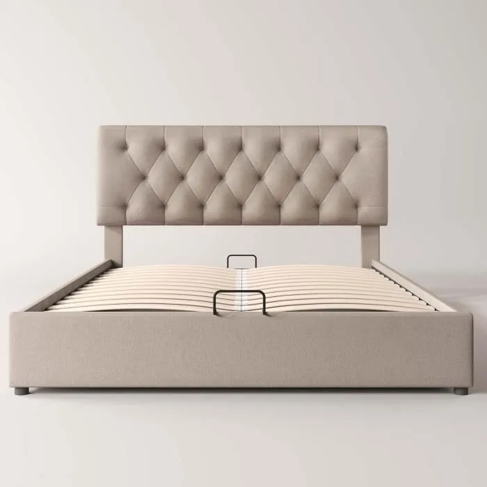 Lit coffre 140x200cm, avec sommier à lattes métalliques, Cadre de lit moderne avec espace de rangement, sans matelas, beige-1