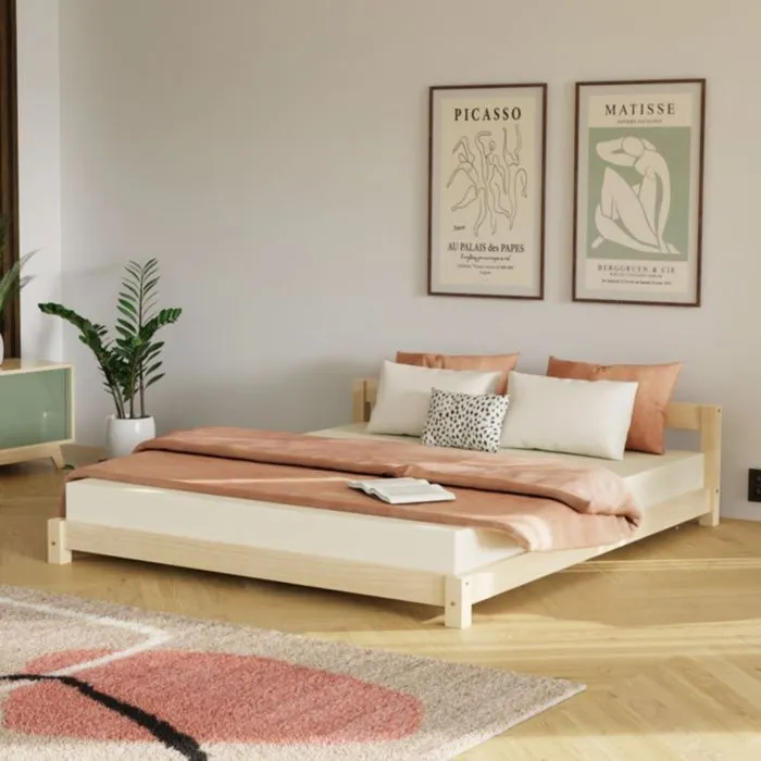 Lit double scandinave COMFY 200 x 200 blanc et naturel-2