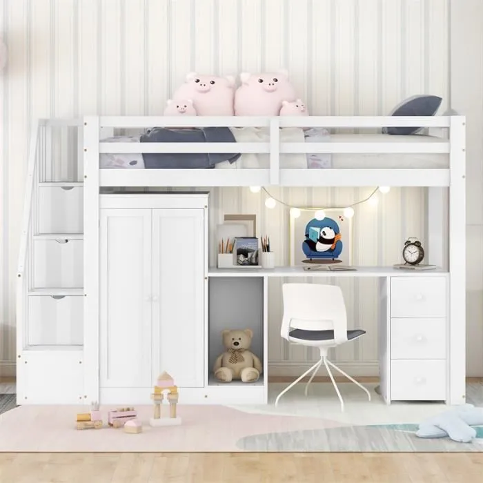 Lit mezzanine 90 x 200 avec penderie et escalier, bureau et tiroirs et armoire tout en un, blanc-1