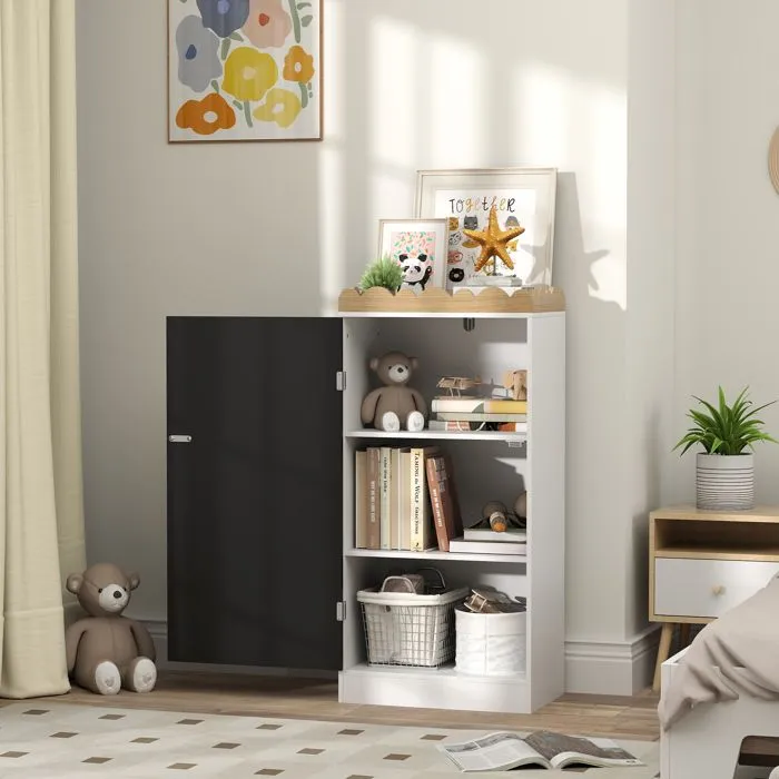 Meuble rangement enfant AIYAPLAY rangement jouet enfant avec porte en tableau noir, 3 casiers et plateau supérieur, blanc-2