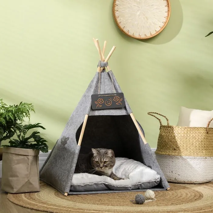 PawHut Tente tipi pour animaux - teepee chat ou chien - coussin épais grand confort inclus - structure bois de pin feutre peluche PV-1