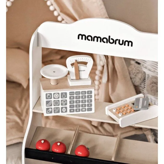 Mamabrum Marchande Enfant en bois 67 *46,5 *22 cm - Stand Vendeur Balance, Terminal avec Carte & 4 Pommes - Couleurs Ecologiques-5