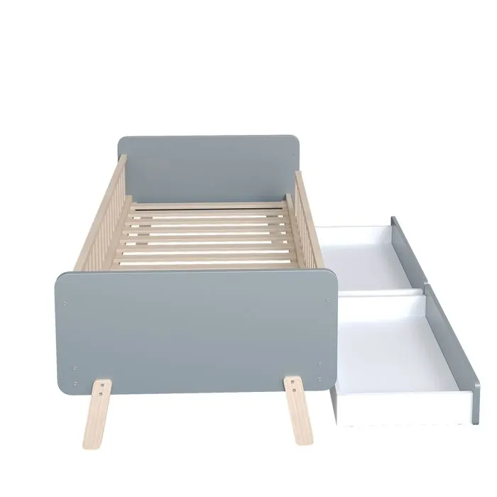 Lit enfant - Bois massif - 90x190 cm - 2 tiroirs - Gris - Sommier inclus-2