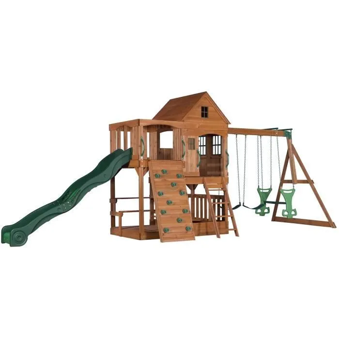 Aire de jeux en bois Backyard Discovery Hill Crest avec balançoire, toboggan, bac de sable et mur d'escalade-0