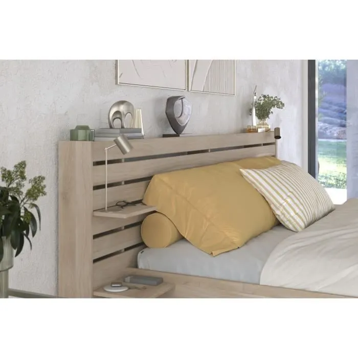 Lit adulte ESCALE 180x200 cm - Décor chêne du Japon - 2 tiroirs + Tête de lit - L235.4 x H98,2 x P216,8 cm - Fabriqué en France-4