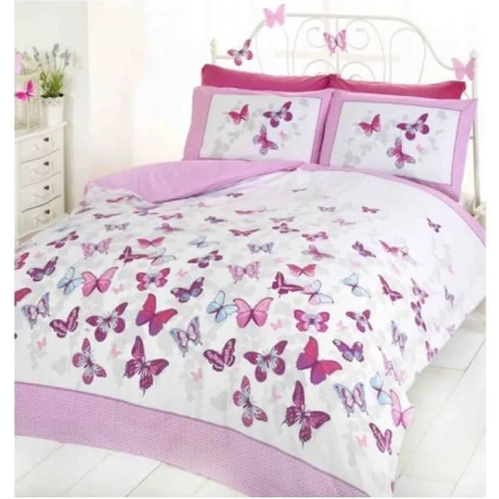 Ensemble de housse de couette - Papillon Flutter - Rose - 200 x 200 cm - Lavable en machine - 48% coton-0