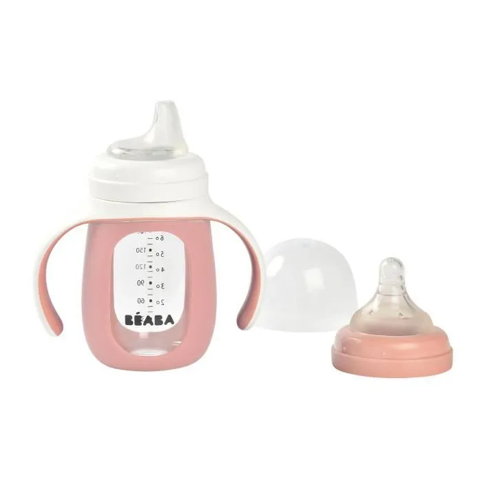 BEABA, Biberon verre d'apprentissage 2 en 1 210 ml + housse silicone - old pink-0