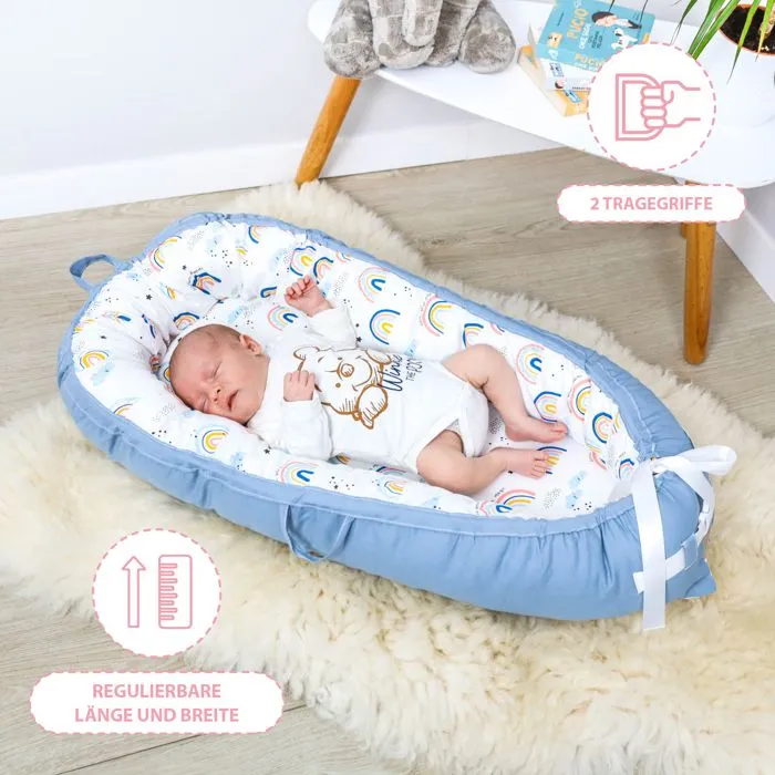Nid d'enfant avec poignée 90X50 cm - Babynest Set Reducteur de lit Bebe nouveau-né avec housse amovible en coton Blau-2