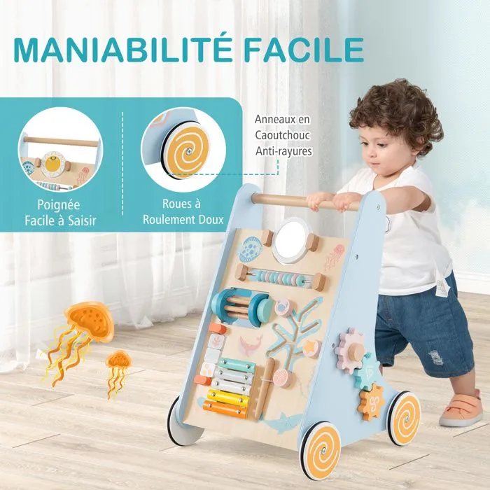 COSTWAY Trotteur Chariot de Marche sur Thème Océan 8 en 1 avec Miroir & Perles & Tambour, Roues, 1an+, Jouet Montessori, Bleu-4