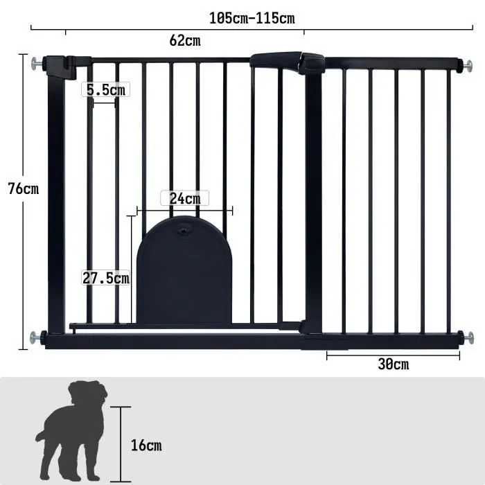 UISEBRT 105-115cm Extensible Barrière de Sécurité avec Chatière Fermeture Automatique sans Perçage pour Enfants et Animaux Noir-1