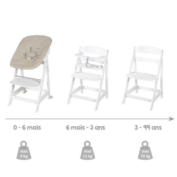 ROBA Chaise Haute Évolutive Born Up 2 en 1 + Transat Inclinable - Greyish matelassé - Dès la Naissance - Bois Blanc-1