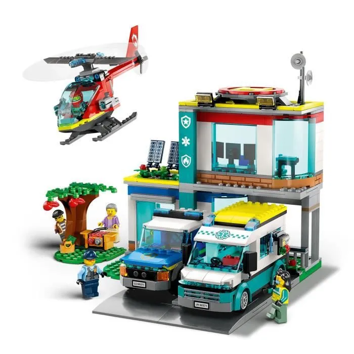 LEGO® City 60371 Le QG des Véhicules d’Urgence, Hélicoptère Jouet, Moto et Voiture de Police-3