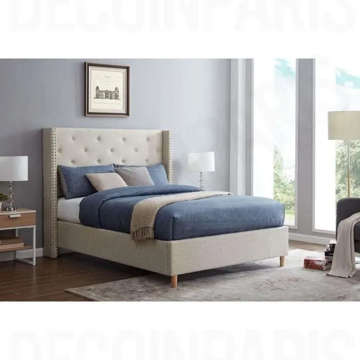 Lit double - SUSAN - 140x190 cm - Tissu capitonné taupe - Style baroque moderne-0