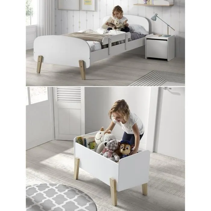 KIDDY Chambre enfant complète style scandinave en bois pin massif et MDF laqué blanc - l 90 x L 200 cm-0