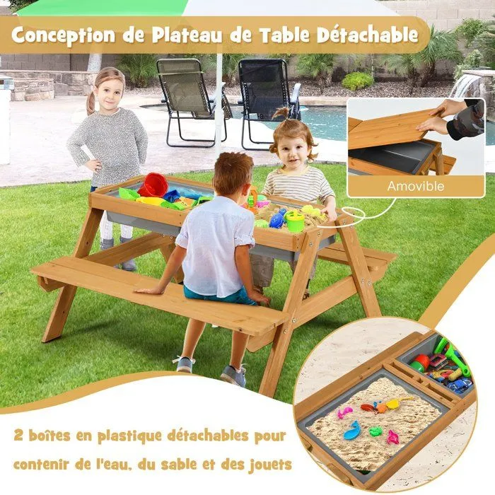 COSTWAY Table et 2 Bancs pour 4 Enfants avec Parasol , 2 Boîtes pour Sable & Eau, Plateau Amovible, 3-7 Ans-4