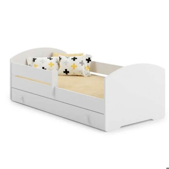 Lit enfant LUK 70x140 avec matelas sommier et tiroir, barrière de sécurité Blanc-1